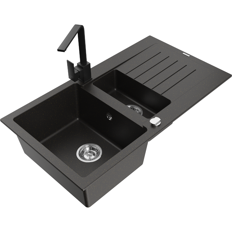 Mexen Matias granite sink 1.5-bowl with drainer and Rita kitchen tap, black/gold - 6502-75-670300-70