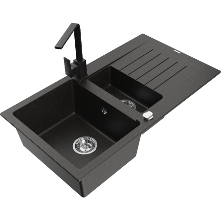 Mexen Matias granite sink 1.5-bowl with drainer and kitchen faucet Rita, black/gold - 6502-75-670300-70