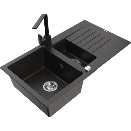 Mexen Matias granite sink 1.5-bowl with drainer and Rita kitchen tap, black/gold - 6502-75-670300-70