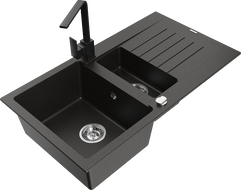 Mexen Matias granite sink 1.5-bowl with drainer and Rita kitchen tap, black/gold - 6502-75-670300-70
