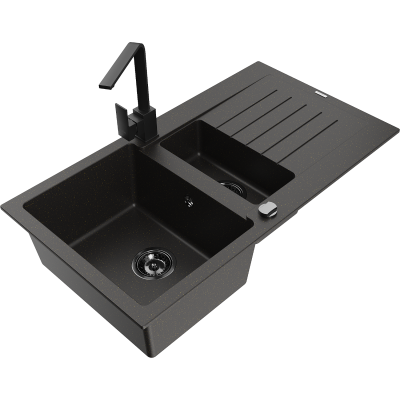 Mexen Matias 1.5-compartment granite sink with a drip tray and kitchen mixer tap Rita, Black/Gold - 6502-75-670300-70-B