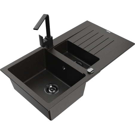 Mexen Matias granite kitchen sink 1.5-bowl with drainer and Rita kitchen faucet, black/gold - 6502-75-670300-70-B