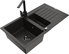 Mexen Matias granite sink 1.5-bowl with drainer and kitchen faucet Rita, black/gold - 6502-75-670300-70-B