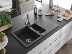 Mexen Matias granite sink 1.5-bowl with drainer and Rita kitchen faucet, black speckled - 6502-76-670300-00