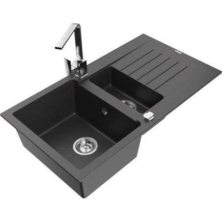 Mexen Matias granite sink 1.5-bowl with drainer and kitchen faucet Rita, speckled black - 6502-76-670300-00