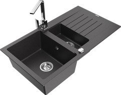Mexen Matias granite sink 1.5-bowl with drainer and Rita kitchen faucet, black speckled - 6502-76-670300-00