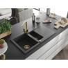 Mexen Matias granite sink 1.5-bowl with drainer and kitchen faucet Rita, black speckled - 6502-76-670300-50