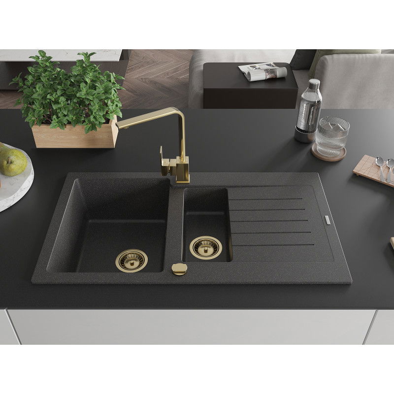 Mexen Matias 1.5-bowl Granite Sink with Drainer and Rita Kitchen Tap, Speckled Black - 6502-76-670300-50
