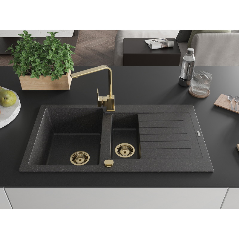 Mexen Matias granite sink 1.5-bowl with drainer and Rita kitchen faucet, speckled black - 6502-76-670300-50
