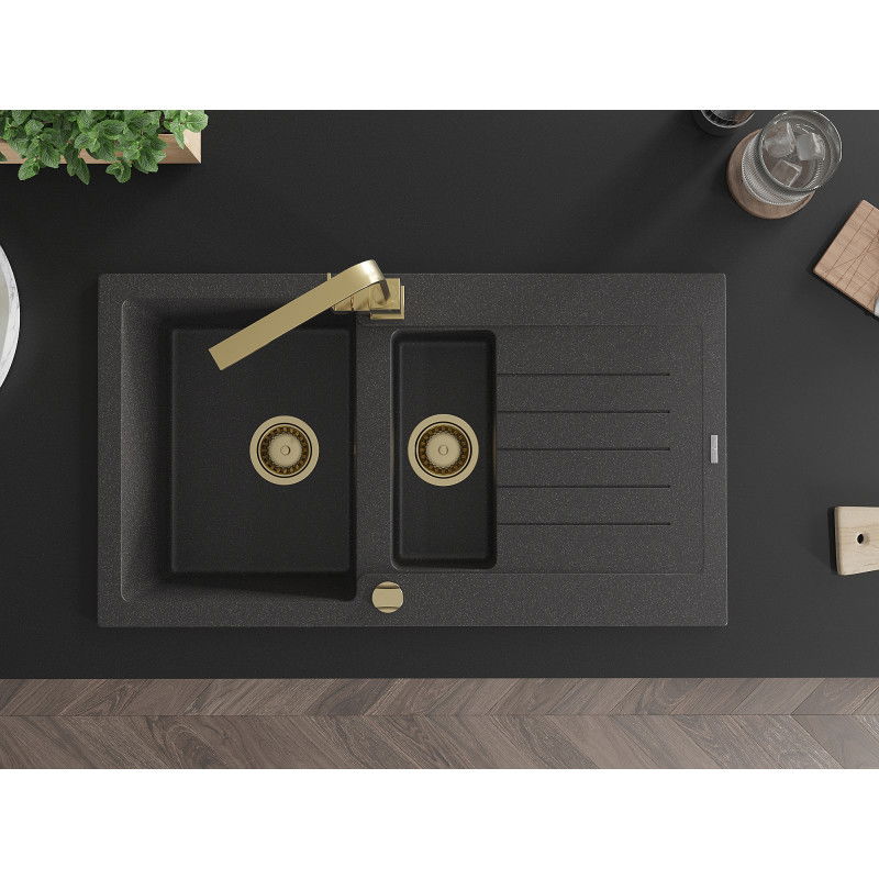 Mexen Matias 1.5-bowl Granite Sink with Drainer and Rita Kitchen Tap, Speckled Black - 6502-76-670300-50