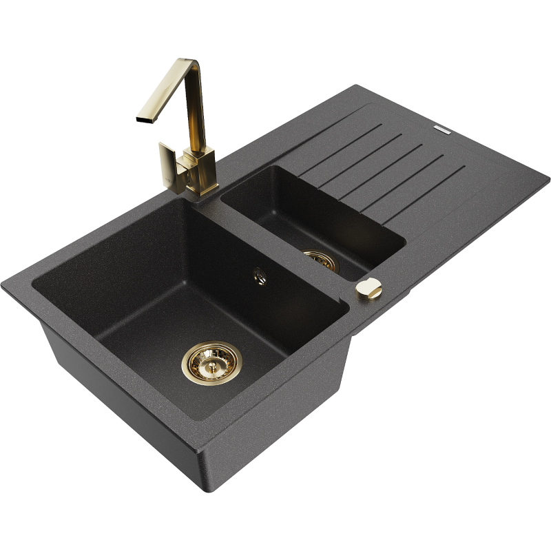 Mexen Matias 1.5-compartment granite sink with a drip tray and kitchen mixer tap Rita, spotted black - 6502-76-670300-50