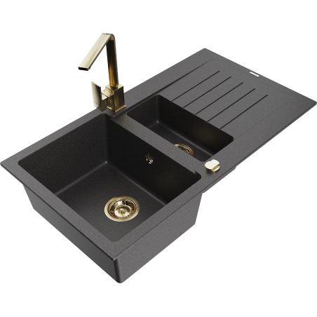 Mexen Matias 1.5-bowl Granite Sink with Drainer and Rita Kitchen Tap, Speckled Black - 6502-76-670300-50