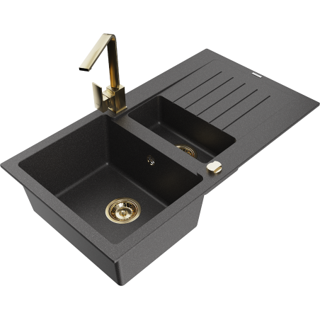 Mexen Matias granite sink 1.5-bowl with drainer and Rita kitchen faucet, speckled black - 6502-76-670300-50