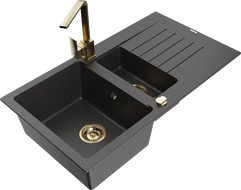 Mexen Matias 1.5-bowl Granite Sink with Drainer and Rita Kitchen Tap, Speckled Black - 6502-76-670300-50