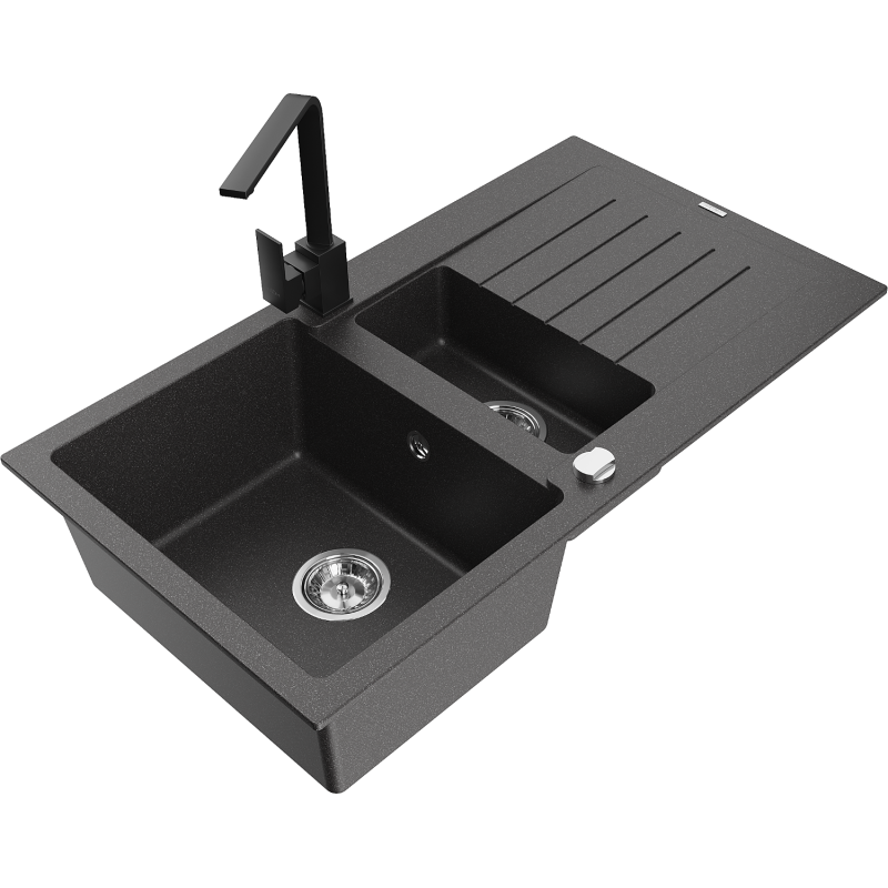 Mexen Matias granite sink 1.5-bowl with drainer and Rita kitchen tap, black speckled - 6502-76-670300-70