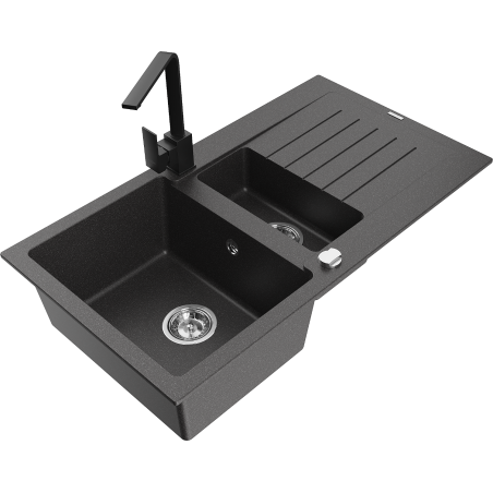 Mexen Matias granite sink 1.5-bowl with drainer and kitchen faucet Rita, black speckled - 6502-76-670300-70