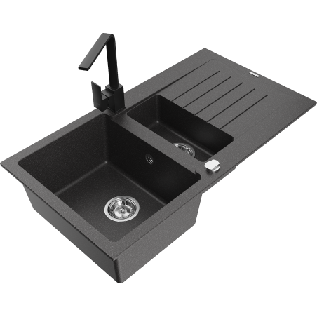 Mexen Matias granite sink 1.5-bowl with drainer and Rita kitchen tap, black speckled - 6502-76-670300-70