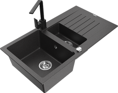 Mexen Matias granite sink 1.5-bowl with drainer and kitchen faucet Rita, black speckled - 6502-76-670300-70