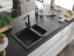Mexen Matias 1.5-compartment granite sink with a drip tray and kitchen mixer tap Rita, spotted black - 6502-76-670300-70-B