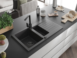 Mexen Matias granite sink 1.5-bowl with drainer and Rita kitchen faucet, black speckled - 6502-76-670300-70-B