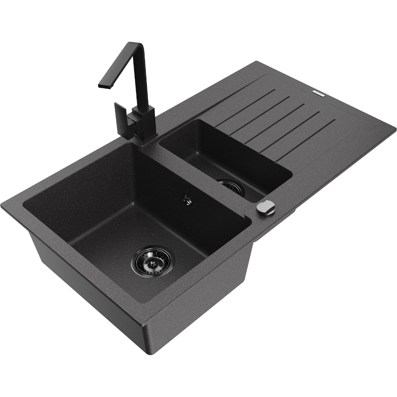 Mexen Matias 1.5-compartment granite sink with a drip tray and kitchen mixer tap Rita, spotted black - 6502-76-670300-70-B