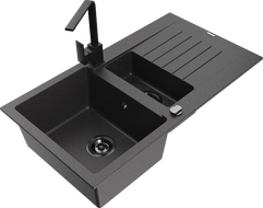 Mexen Matias 1.5-compartment granite sink with a drip tray and kitchen mixer tap Rita, spotted black - 6502-76-670300-70-B