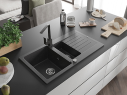 Mexen Matias granite sink 1.5-bowl with drainer and kitchen faucet Rita, speckled black - 6502-76-670300-76