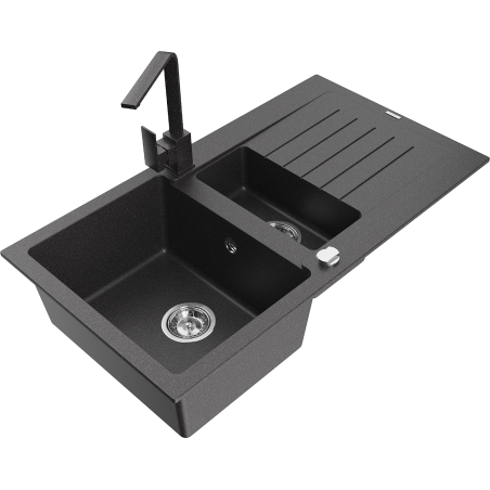 Mexen Matias 1.5-bowl granite sink with drainer and Rita kitchen faucet, black speckled - 6502-76-670300-76