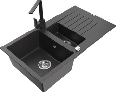 Mexen Matias granite sink 1.5-bowl with drainer and kitchen faucet Rita, speckled black - 6502-76-670300-76