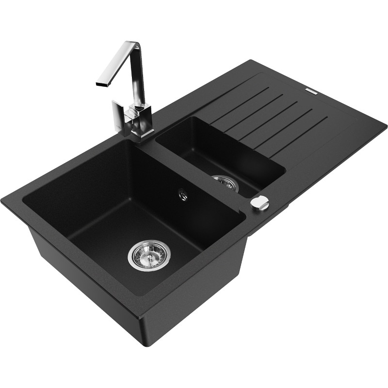Mexen Matias granite sink 1.5-bowl with drainer and kitchen faucet Rita, black - 6502-77-670300-00