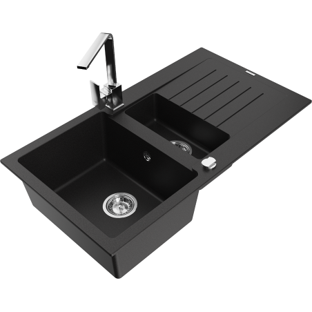 Mexen Matias 1.5-compartment granite sink with a drip tray and kitchen mixer tap Rita, Black - 6502-77-670300-00