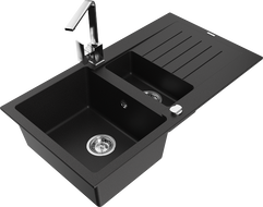 Mexen Matias 1.5-compartment granite sink with a drip tray and kitchen mixer tap Rita, Black - 6502-77-670300-00