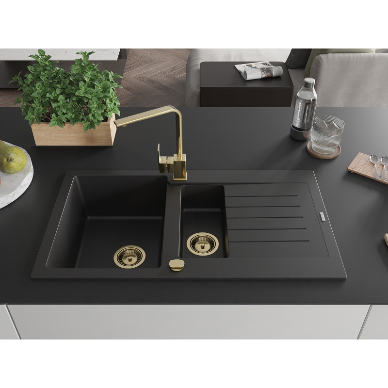 Mexen Matias 1.5-bowl granite sink with drainer and kitchen faucet Rita, black - 6502-77-670300-50