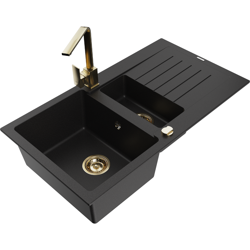 Mexen Matias 1.5-compartment granite sink with a drip tray and kitchen mixer tap Rita, Black - 6502-77-670300-50