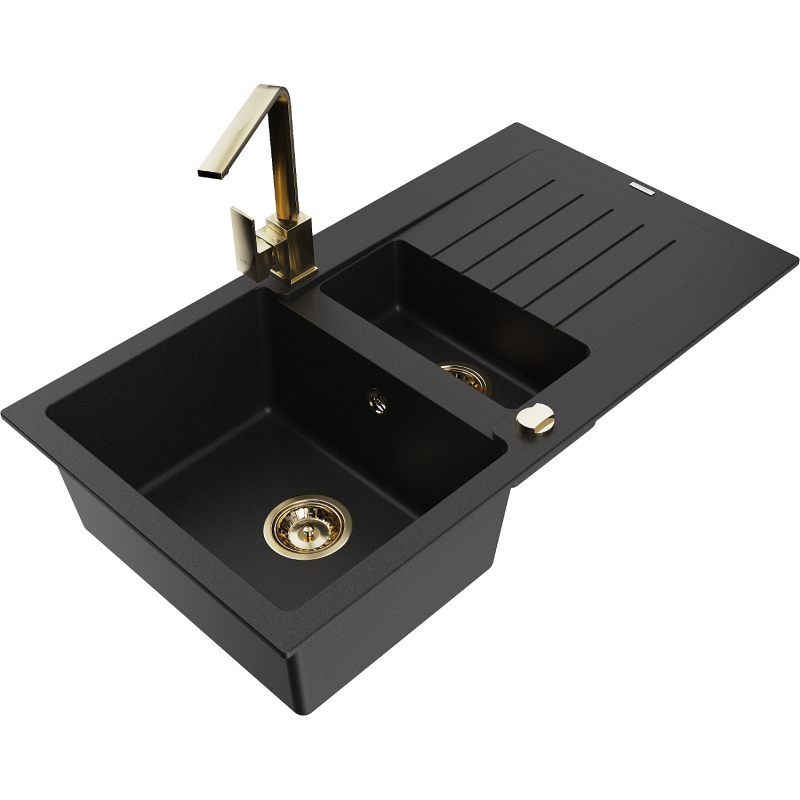 Mexen Matias granite sink 1.5-bowl with drainer and Rita kitchen tap, black - 6502-77-670300-50