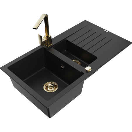 Mexen Matias 1.5-compartment granite sink with a drip tray and kitchen mixer tap Rita, Black - 6502-77-670300-50