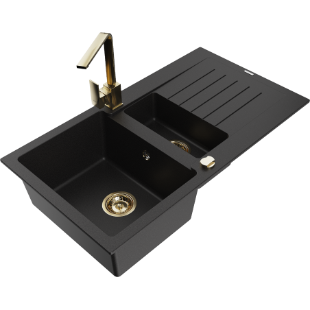Mexen Matias granite sink 1.5-bowl with drainer and Rita kitchen tap, black - 6502-77-670300-50