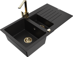 Mexen Matias granite sink 1.5-bowl with drainer and kitchen faucet Rita, black - 6502-77-670300-50