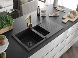Mexen Matias granite sink 1.5-bowl with drainer and Rita kitchen tap, black - 6502-77-670300-50-B