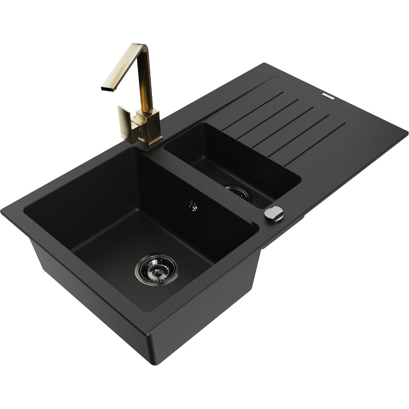 Mexen Matias granite sink 1.5-bowl with drainer and kitchen faucet Rita, black - 6502-77-670300-50-B