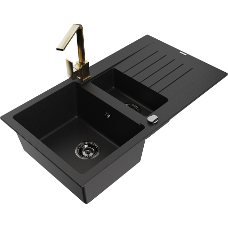 Mexen Matias 1.5-compartment granite sink with a drip tray and kitchen mixer tap Rita, Black - 6502-77-670300-50-B