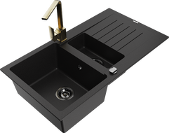 Mexen Matias granite sink 1.5-bowl with drainer and Rita kitchen tap, black - 6502-77-670300-50-B
