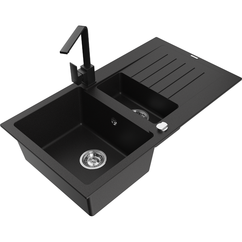 Mexen Matias 1.5-compartment granite sink with a drip tray and kitchen mixer tap Rita, Black - 6502-77-670300-70