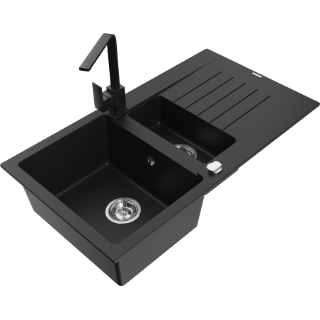Mexen Matias granite sink 1.5-bowl with drainer and kitchen faucet Rita, black - 6502-77-670300-70