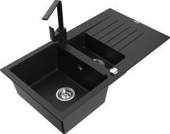 Mexen Matias 1.5-compartment granite sink with a drip tray and kitchen mixer tap Rita, Black - 6502-77-670300-70