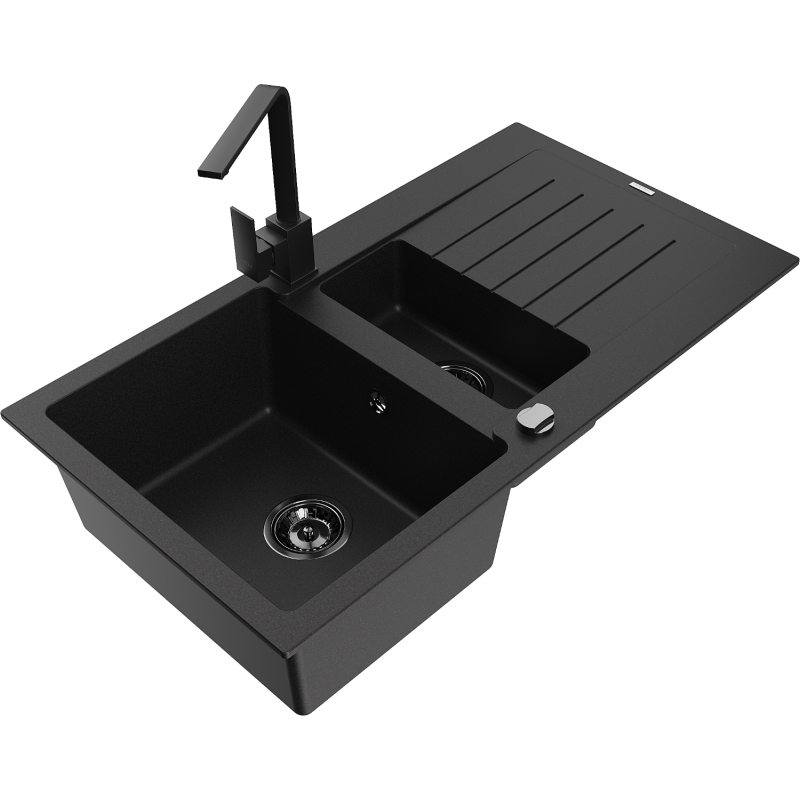 Mexen Matias granite sink 1.5-bowl with drainer and kitchen tap Rita, black - 6502-77-670300-70-B