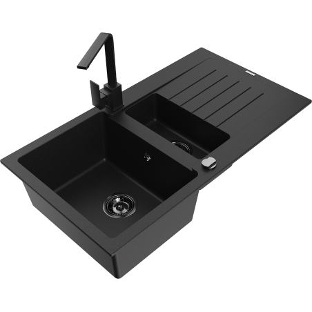 Mexen Matias 1.5-bowl granite sink with drainer and Rita kitchen faucet, black - 6502-77-670300-70-B