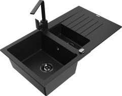 Mexen Matias 1.5-bowl granite sink with drainer and Rita kitchen faucet, black - 6502-77-670300-70-B