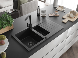 Mexen Matias granite sink 1.5-bowl with drainer and kitchen tap Rita, black - 6502-77-670300-70-B