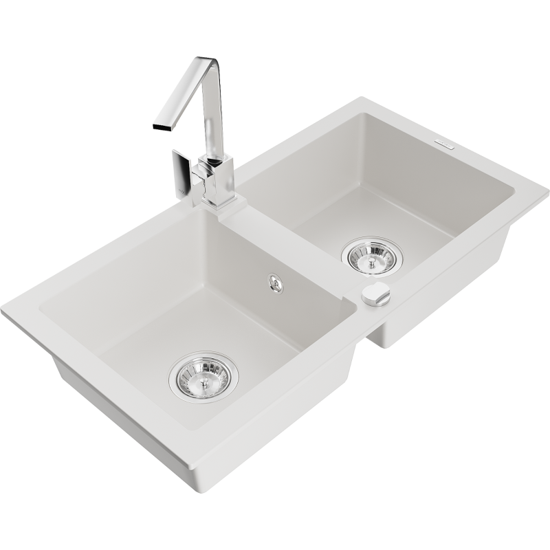 Mexen Mario 2-compartment granite sink with a kitchen mixer tap Rita, White - 6504-20-670300-00